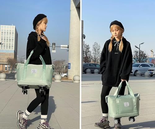 Image of Wheel Bags for Travel Luggage Carry on Duffel Bag, Expandable Foldable Luggage Bag, Dry and Wet Separation Rolling Bag, Travel Totes for Women & Men (1Pcs)(Green)-JE