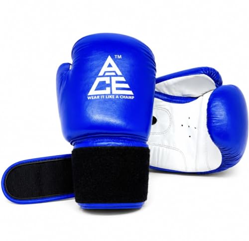 Image of ACE Genuine Leather Boxing Gloves | Adult Training Gloves for Sparring | Shock Absorbing Padding | Secure Wrist Strap | Punching Bag Workout | Blue | 8 oz