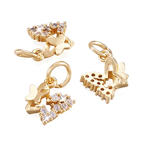 Fashewelry 20Pcs Cubic Zirconia Double Butterfly Charms Small 18K Gold Plated Brass Micro Pave Cz Rhinestone Pendants Hollow Mini Hanging Dangle End Charms With Jump Rings Loop For Jewelry Making 11X10Mm #TOP2