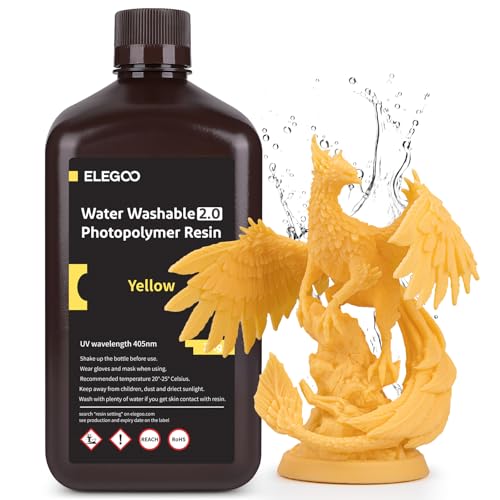 ELEGOO Upgraded Water Washable 3D Printer Resin 2.0, 405nm UV-Curing 3D Resin with Lower Shrinkage and Higher Precision for LCD 3D Printing Yellow 2000g