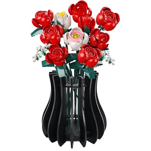 Vase for Lego Flowers Bouquet Wooden Puzzle Vase Creative Flowers Vases for Lego Roses Cherry Blossoms Sunflowers Tulips Daffodils Display Gift for Flower Lovers (Black)
