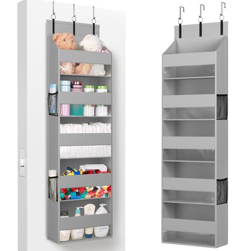 Image of Lifewit 1 Pack Over the Door Organizer, Clear Window Hanging Storage with 4 Side Pockets, Anti Tilt 40 lbs Load Behind Door for Pantry, Nursery, Bathroom, Bedroom, Dorm, 5 Section, Light Gray