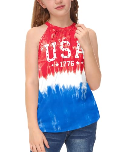 American Big Girls Halter Neck Sleeveless Star Stripe Red White Blue Clothes Pattern Button Back T Shirt 10 Years