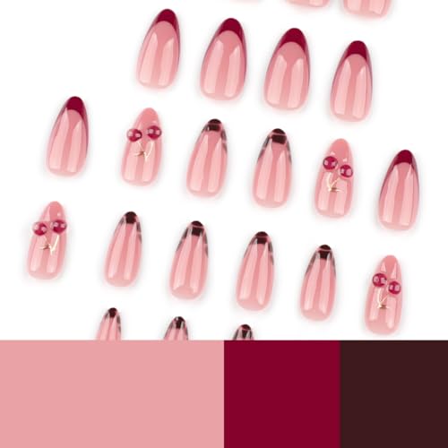 Image of Red Nails Press ons Cherry Fake Nails French Tip False Nail with Tortoise Shell Design Glossy Full Cover Reusable Artificial Acrylic Medium Almond Stick on Nail for Women Manicure 24Pcs