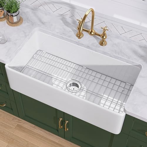 TUKTUK White Farmhouse Sink 33" Fire Clay Apron Front Single Bowl Kitchen Sink Deep Drop In Farm Sink Undermount with Modern Style Luxury Accessories Kit
