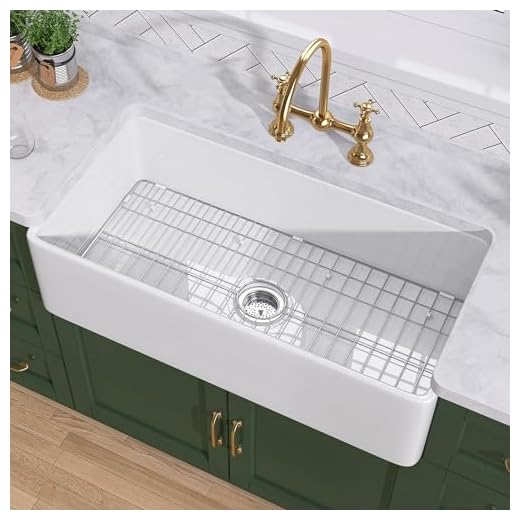 TUKTUK White Farmhouse Sink 33 inch Fireclay Apron Front Single Bowl Kitchen Sink Deep Drop In Farm Sink Undermount with Custom Bottom Grid & Strainer Drain