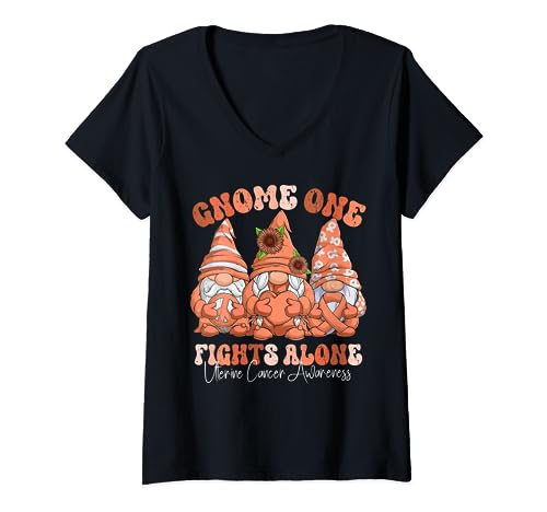 Gnomos de cinta de melocotón del mes de concienciación del cáncer uterino Camiseta Cuello V