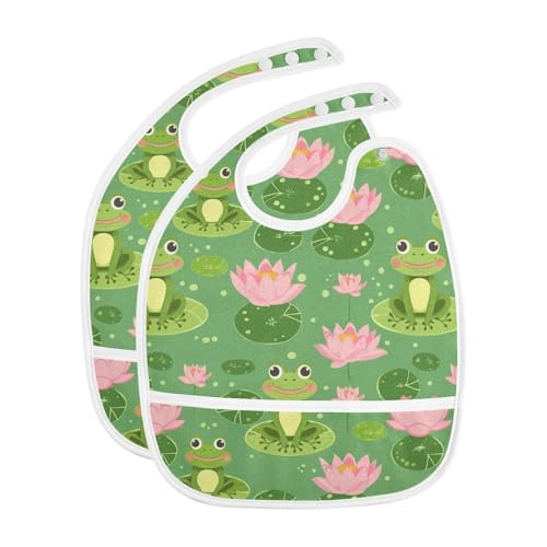 MCHIVER Frogs Lotus Baby Bibs for tag1 Waterproof Feeding Bib Apron with Food Cather Adjustable Cotton Food Eating Bib 2 Pack