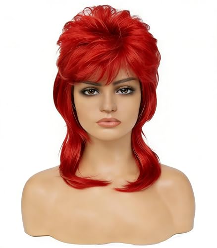 Adequate 80s Mullet Wig for Women Fluffy and Layered Hairpiece for Perfect for Costume Parties and Cosplay (Bright Red)
