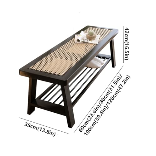 Braided Rattan Shoe Changing Bench Home Door Bench Wooden Bench Rattan Bench Length 60cm/80cm/100cm/120cm(Walnut,80 * 35 * 42cm)