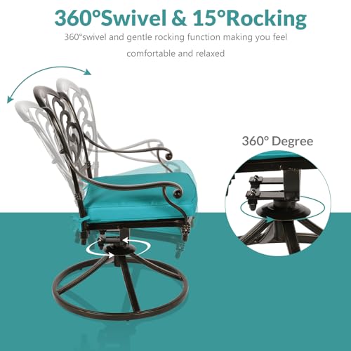 Image of MEETWARM 7-Piece Outdoor Patio Dining Set, All-Weather Cast Aluminum Patio Conversation Set with 2 Swivel Rocker Chairs, 4 Stationary, 1 Rectangular Table, 6 Cushions, 2 inch Umbrella Hole, Ocean Blue