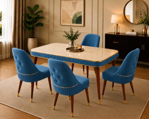 Image of WOODEN SPACE 4 Seater Wooden Dining Table Set | Urban Marble Top Dining Table with Chairs for Dining Room & Kitchen (Modern Grand Aura Blue) (54 x 36 x 30 inch)