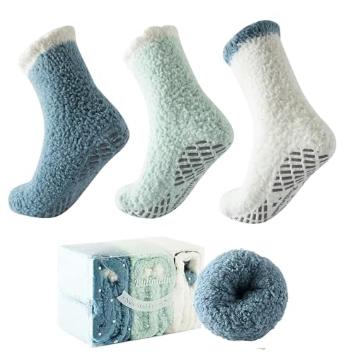 Bulinlulu Fuzzy Socks for Women with Grips Plush Fuzzy Socks Sleep Cozy socks Sleep Socks Winter Soft Fluffy Sock, 3 Pairs Pack(blue+white+green)