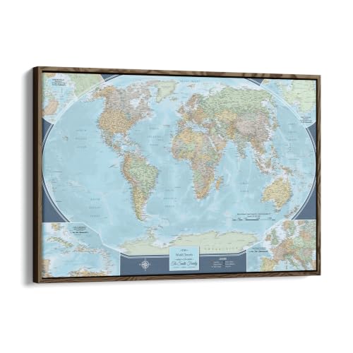 Image of Signature World Push Pin Map - Personalized Canvas Wall Art - Home Travel Decor - Brown Float Frame - 30 inch x 45 inch