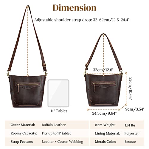 S-ZONE Women Genuine Leather Bucket Shoulder Bag Vintage Crossbody Purse with Outer Pocket4