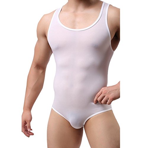 Feeshow Men's Soft Smooth Work Out Swimsuit Gym Fitness Bodysuit (Medium(Waistline 28.0-40.0 Inch/72-102Cm), White) #TOP10