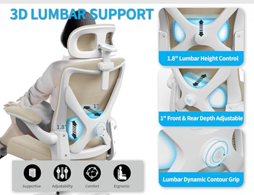 Image of Ergonomic Office Chair - Mesh Desk Chair with Adjustable Lumbar Support High Back Computer Gaming Chairs - Big and Tall Office Chairs Adults, Comfortable for Long Hours, Beige