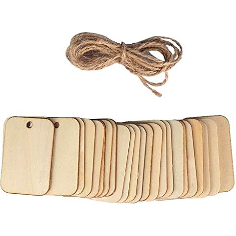 LASSUM 50 Pcs Wooden Rectangle Shape Slices with 6.6FT Jute Ropes, 35 mm Blank Name Tags Wood Labels for DIY Wedding Décor, DIY Arts Crafts Card, Making Ornaments Cover