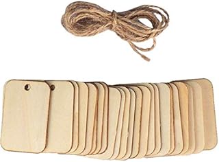 LASSUM 50 Pcs Wooden Rectangle Shape Slices with 6.6FT Jute Ropes, 35 mm Blank Name Tags Wood Labels for DIY Wedding Décor, DIY Arts Crafts Card, Making Ornaments