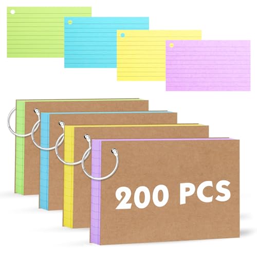Qcdou 200Pcs Flash Cards(127x76mm) Revision Cards with 4 Binder Rings Coloured Card Double Sided Flashcards Ruled Index Card Notecards for School Learning Office Work Speech