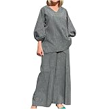 Women's Summer Suit Fashion Comfort Cotton Linen 2 Piece Outfits V Neck Long Sleeve Tops and Wide Le