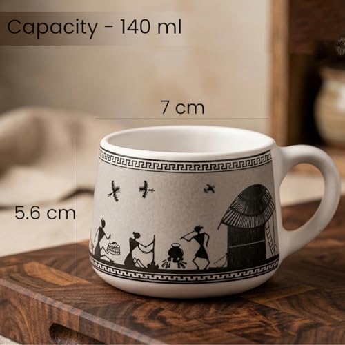 Image of The Earth Store Grey Warli Art Ceramic Tea Cup Set of 6 for Tea | 140ML Each | Microwave & Dishwasher Safe | Perfect for Every Occasion Chai | Coffee Cups for Home, Office, Gifting & Daily Use