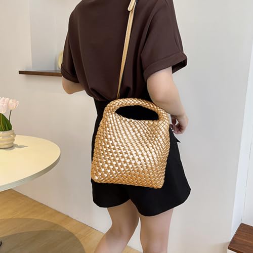 Image of Woven Leather Bags for Women Knoted Women Handbag Designer Shoulder Bucket Purse Handmade Fashion Tote Hobo Bag Small