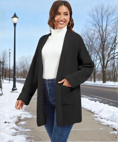 crazy bean Cárdigan Invierno Mujer Chaqueta Punto Largo Otoño Rebeca Manga Larga con Bolsillos Suéter Abierto Elegante Negro M - imagen 4