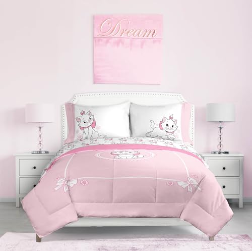 Image of Disney Aristocats Marie Queen Comforter Set 7 Piece Kids Bedding, Pink | Bed in a Bag, Comforter Sheets Shams Pillowcases, Official Brand, Soft Microfiber, Machine Washable, Girls Gift