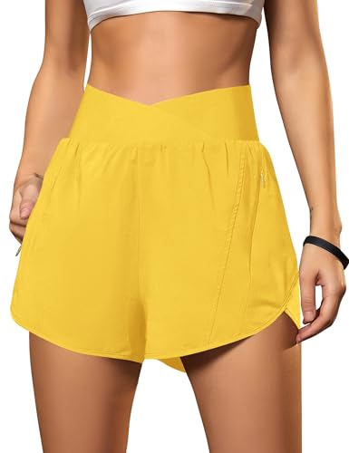 Blooming Jelly Womens Workout Shorts Athletic Running Elastic High Waisted Black Gym Yoga Shorts with Zipper Pockets (Yellow Medium)