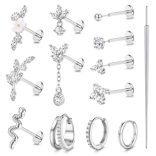 Florideco 20G Threadless Flat Back Earrings Hypoallergenic Push in Stud Earrings Silver Plated 316L Surgical Steel Stud Hoop Earring Sets Cartilage Helix Conch Tragus Nose Piercing Jewelry