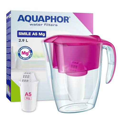 AQUAPHOR Smile Water Filter Jug - 2.9L, Fits Fridge Doors, Lightweight, Space-saving, Includes 1 x A5 350L Filter with added Magnesium, Reduces Limescale, Chlorine, Microplastics - Cyclamen Pink