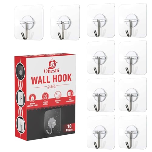 Image of Onesta Self Adhesive Wall Hooks for Hanging Heavy Items 10 PCS | Heavy Duty Transparent Sticky Hooks | Waterproof Wall Hangers | No Drill No Nail Multipurpose Hooks for Kitchen Bathroom Home & Office