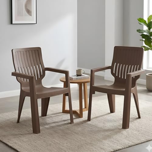 Image of Nilkamal Ortho Comfort Plastic Chair with Arm|Set of 2| 3 Year Warranty |Stackable Chair for Home, Living Room, Dining Room, Cafe & Balcony |Ergonomic Back Support |Indoor & Outdoor |Rattan Dark Beige