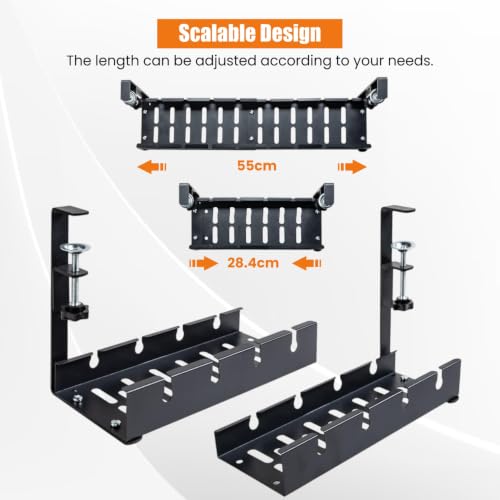 Image of Dyazo Under Desk Cable Management Tray | Adjustable 28.5-55 CM Metal Cable Organizer Rack | No-Drill Wire Management Shelf for Power Strip, Extension Board, Router, Network & Charging Cables (Black)