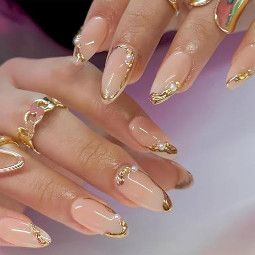 Image of MAYCREATE 24Pcs Press-On Nails, 12 Sizes, Almond False Nail French Press on Fake Nails 3D Embossed Full Cover Press-On False Nails, DIY Nail Art Press-on Nail with Adhensive Tabs