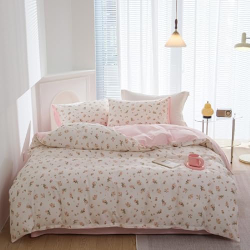Image of Floral Duvet Cover Set Full Size,Pink Floral Flowers Bedding Duvet Cover with Zipper Closure,Reversible Comforter Duvet Cover and 2 Pillowcases
