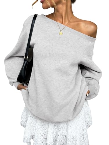 EasyGala Womens Fleece Lined Trendy Sweatshirt Off Shoulder Long Sleeve Pullover Going Out Top Oversized Work Shirt Basic Slouchy Winter Clothes 2026 Gray Large