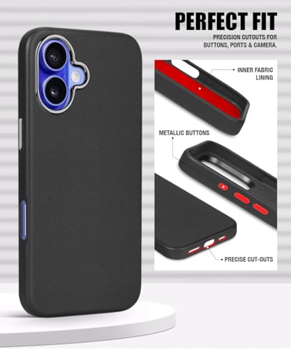 Image of WOW IMAGINE Back Cover for iPhone 16 | Shockproof Tough Leather Texture Hard Mobile Case | Ultra Slim Non-Slip Grip | Inner Velvet Fabric | Metal Camera Ring - Black