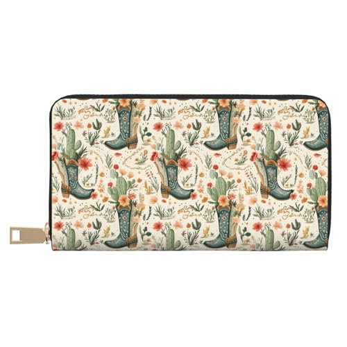 Leather Thin Slim Wallets for Women & Men - Western Cactus Cowboy Boots Print Card Wallet Holder with Zipper