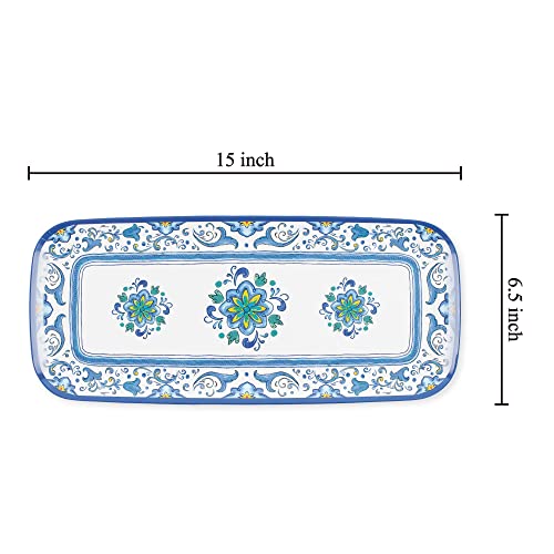 UPware Blue Floral Melamine Serving Tray, 15 x 6.5 Inch Rectangular Serving Platter, BPA Free Food Tray for Party Entertaining
