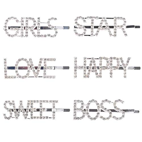 Onene 6 pieces Rhinestones Letter Bobby Pins, Word Crystal Hair Pins, Metal Hair Clips Hair Barrettes, Sparkly Hair Accessories for Women Ladies Hair Accessories, Silver Color