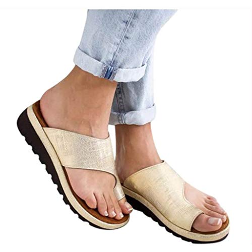 JXILY Sandalen Orthopädische Premium Zehenkorrektur Frauen Bequeme Plattform Sandale Orthesen Schuhe Sommer Flat Toe Post Bunion Korrigierende Damen Strand Reise Hausschuhe,Gold,37 Cover