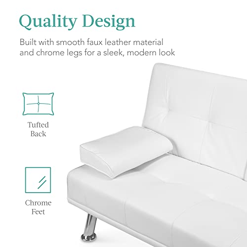 Best Choice Products Faux Leather Upholstered Modern Convertible Folding Futon Sofa Bed For Compact Living Space, Apartment, Dorm, Bonus Room W/Removable Armrests, Metal Legs, 2 Cupholders - White #TOP4