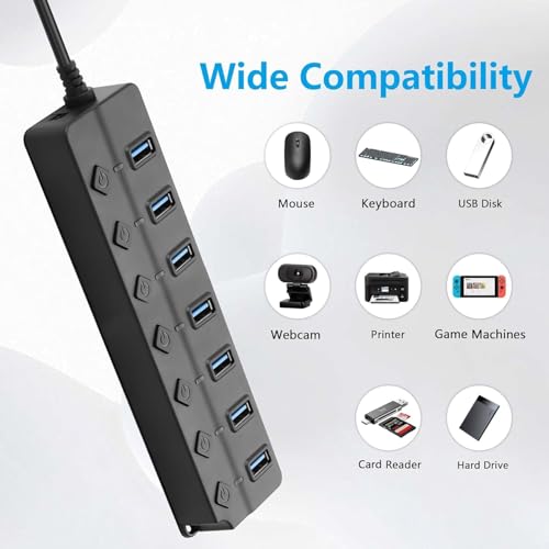 Image of 7-Port USB 3.0 with Switches | USB Power Hub & Multi-Device High Speed Charging Station | LED Indicators | 1FT Cable for PC, Laptop, Mac, Printer