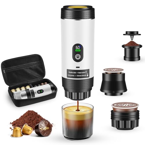 Máquina de Espresso Portátil, Cafetera Recargable 3 en 1 de 20 Bares, Mini Cafetera de Viaje con USB, Pantalla LED, Estuche de Almacenamiento, Compatible con Café Molido y Cápsulas, 80 ml (Blanco)