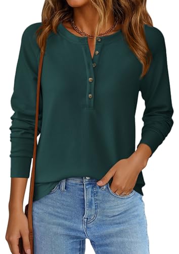 Image of PRETTYGARDEN Women's Long Sleeve Waffle Knit Henley Shirts Loose Tunic Tops