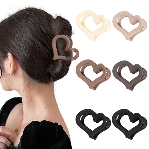 Ufgin 6 Pcs Valentines Day Heart Hair Claw Clips for Women-Medium Matte Nonslip Hair Heart Clips for Thin Thick Hair Cute Claw Hairpins for Women and Girls(Brown)