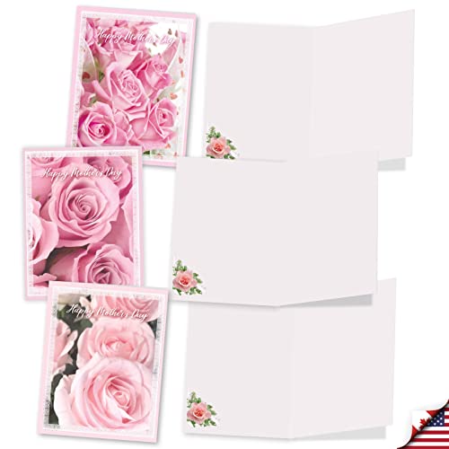 The Best Card Company 20 Assorted Floral Blank Mother's Day Notes Box Set 4 x 5.12 Inch with Envelopes (10 Designs, 2 Each) Romantic Sweet Pink Roses AM10311MDB-B2x10