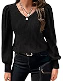 HOTOUCH Soft Shirt for Women Puff Sleeve V Neck Blouse Tops Solid Lightweight Tunic Black S